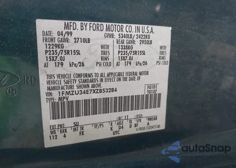 1999 Ford Explorer Eddie Bauer/Limited/Xlt из США, поврежденный, VIN 1FMZU34E7XZB53284